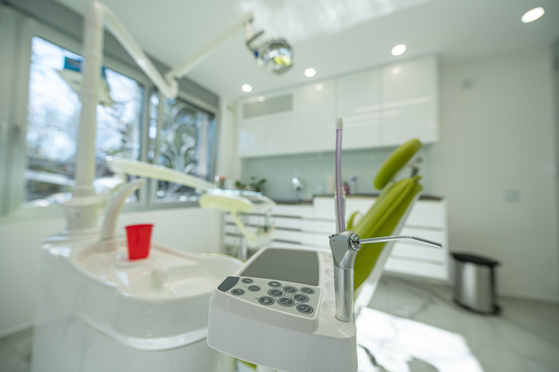 Detail of a dental tools attached to a dental chair in a dental clinic